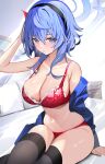  1girl absurdres ako_(blue_archive) bare_shoulders black_thighhighs blue_archive blue_eyes blue_hair blush bra breasts collarbone earrings enishi96 hair_between_eyes hairband halo highres jacket jewelry lace-trimmed_bra lace_trim large_breasts long_hair looking_at_viewer navel panties red_bra red_panties solo thighhighs underwear 