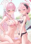  2girls absurdres ahoge barefoot bikini bikini_top_only black_bikini black_bow black_wings blue_archive blurry blurry_background blush bottomless bow braid breasts commentary feathered_wings floral_print front-tie_bikini_top front-tie_top gisi_(gicgic_draw) green_eyes grin hair_bow hair_over_shoulder halo hanako_(blue_archive) hanako_(swimsuit)_(blue_archive) hand_on_another&#039;s_waist haniwa_(statue) head_wings highres huge_ahoge huge_breasts koharu_(blue_archive) koharu_(swimsuit)_(blue_archive) long_hair looking_at_viewer low_twintails low_wings multiple_girls navel nose_blush official_alternate_costume open_mouth outdoors pink_bikini pink_eyes pink_hair pink_halo print_bikini side_braid single_braid small_breasts smile spaghetti_strap swimsuit twintails very_long_hair wavy_mouth white_bow wings 