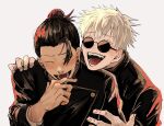  2boys ^_^ black_hair black_jacket closed_eyes getou_suguru gojou_satoru hair_bun hair_pulled_back hand_up hands_up highres jacket jujutsu_kaisen jujutsu_tech_uniform kawaii_mfox58 long_sleeves male_focus multiple_boys open_mouth round_eyewear school_uniform short_hair simple_background smile sunglasses teeth upper_body white_background white_hair 