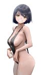  1girl bare_arms bare_legs bare_shoulders black_one-piece_swimsuit black_slingshot_swimsuit bob_cut breasts cleavage collarbone grin highres large_breasts looking_at_viewer momaetoto one-piece_swimsuit original short_hair sideboob simple_background slingshot_swimsuit smile solo standing strap_gap swept_bangs swimsuit teeth upper_body white_background yellow_eyes 