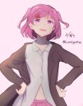  1girl :d artist_name black_jacket bob_cut breasts collarbone commentary dated doki_doki_literature_club dress_shirt fang hair_ornament hair_ribbon hands_on_own_hips highres jacket leguma long_sleeves looking_afar looking_to_the_side looking_up midriff midriff_peek natsuki_(doki_doki_literature_club) navel open_clothes open_jacket open_mouth partially_unbuttoned pink_background pink_eyes pink_hair pink_skirt pleated_skirt red_ribbon ribbon shirt short_hair simple_background skirt small_breasts smile solo standing suit_jacket swept_bangs twitter_username two_side_up upper_body v-shaped_eyebrows white_shirt x_hair_ornament 