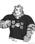  1boy alternate_costume alternate_hairstyle animal_ears arknights artist_request bara chain_necklace character_print cropped_torso furry furry_male jewelry male_focus merchandise mountain_(arknights) muscular muscular_male necklace pectorals scar scar_across_eye shirt shirt_tug short_hair solo t-shirt thick_eyebrows tiger_boy tiger_ears topless_male translation_request white_hair 