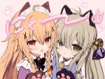  2girls :3 :o animal_ears antenna_hair black_bow black_gloves blonde_hair blush bow braid brown_eyes brown_gloves brown_hair cat_ears closed_mouth collared_shirt commentary_request fang flower_knight_girl gloves hair_between_eyes hair_bobbles hair_ornament hand_up highres koonitabirako_(flower_knight_girl) kuko_(flower_knight_girl) long_hair multiple_girls open_mouth orange_eyes pink_background puffy_sleeves purple_shirt shiodome_oji shirt simple_background single_braid sketch star_(symbol) upper_body x_hair_ornament 