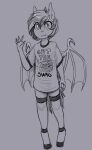  anthro bat_pony circle_game clothing equid fan_character fangs footwear gesture hasbro hi_res mammal membrane_(anatomy) membranous_wings monochrome my_little_pony nolegs_(oc) pupils replica_(artist) shirt slit_pupils socks t-shirt teeth topwear waving wings 