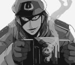 1boy alternate_costume coat commentary_request gloves greyscale gun hat ichijou_seiya inudori kaiji long_hair looking_at_viewer lower_teeth_only male_focus military_uniform monochrome open_mouth peaked_cap shaded_face simple_background smile smoke smoking_gun solo teeth uniform upper_body weapon 