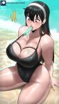  ! !! 1girl absurdres arm_support bare_arms bare_shoulders beach black_hair black_one-piece_swimsuit breasts cleavage commentary echo_saber food food_in_mouth hairband highres large_breasts long_hair mouth_hold ocean one-piece_swimsuit popsicle red_eyes sitting solo spy_x_family swimsuit thighs very_long_hair water white_hairband yor_briar 