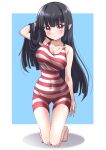  1girl atre black_hair blush breasts cleavage collarbone covered_navel highres jashin-chan_dropkick large_breasts long_hair looking_at_viewer one-piece_swimsuit open_mouth pointy_ears red_eyes satom simple_background solo striped striped_one-piece_swimsuit swimsuit 