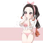  1girl absurdres alternate_hairstyle bikini black_hair closed_mouth flower hair_ribbon highres kamado_nezuko kimetsu_no_yaiba long_hair midriff multicolored_hair navel pink_bikini pink_eyes pink_ribbon ponytail pori_(kmt_pori) protected_link ribbon shirt solo stomach swimsuit very_long_hair white_shirt 