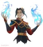  1girl artist_name avatar:_the_last_airbender avatar_legends azula black_hair blue_fire cropped_torso english_commentary fire headpiece highres long_hair looking_at_viewer red_eyes sidelocks smile solo teeth very_long_hair w_arms white_background zarory 