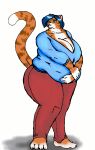  anthro belly big_breasts blue_hair bottomwear breasts clothing danellz felid female fur green_eyes hair huge_breasts mammal obese obese_anthro obese_female overweight overweight_anthro overweight_female pantherine pants shirt solo striped_body striped_fur stripes thick_thighs tiger topwear 