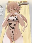  1girl :o @_@ alternate_costume animal_print backlighting bell bikini bizen_kurage blue_archive blurry blush breasts brown_hair cleavage clothes_hanger commentary_request confused cow_print curtains depth_of_field fitting_room frilled_bikini frills from_below groin hair_between_eyes hifumi_(blue_archive) hifumi_(swimsuit)_(blue_archive) highleg highleg_swimsuit highres indoors jingle_bell long_hair looking_at_viewer looking_down low_twintails midriff neck_bell one-piece_swimsuit sidelocks sleeveless solo sweatdrop swimsuit twintails two-tone_swimsuit wavy_mouth wing_hair_ornament yellow_eyes 