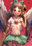  1girl :d absurdres ass_visible_through_thighs bird_wings breasts brown_eyes brown_hair cape female_pubic_hair hand_up highres index_finger_raised long_hair nipples no_panties petite pubic_hair pussy reiuji_utsuho round_teeth small_breasts smile solo teeth torn_clothes touhou upper_teeth_only very_long_hair wings yawdeone 