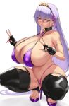  1girl aster_crowley bare_shoulders bb_(fate) bb_(swimsuit_mooncancer)_(fate) bb_(swimsuit_mooncancer)_(second_ascension)_(fate) bikini black_gloves black_thighhighs blush breasts cleavage collarbone dark-skinned_female dark_skin double_v fate/grand_order fate_(series) fingerless_gloves gloves grin hair_ornament hair_ribbon hairband high_heels highres huge_breasts long_hair looking_at_viewer navel neck_ribbon purple_bikini purple_eyes purple_hair ribbon sideboob smile solo squatting star_(symbol) star_hair_ornament swimsuit tan thick_thighs thighhighs thighs v very_long_hair 