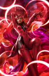  1girl black_bodysuit bodysuit boots brown_eyes brown_hair dcwj dress highres long_hair looking_at_viewer magic marvel pelvic_curtain red_dress red_footwear red_lips scarlet_witch solo thigh_boots wanda_maximoff 