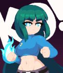  1girl belt belt_buckle blue_eyes blue_shirt breasts buckle clenched_hands crop_top dithered_background english_text fire flaming_hand green_hair light_frown long_hair long_sleeves looking_at_viewer midriff minimilieu navel original pants pixel_art shirt sidelocks solo thick_eyebrows upper_body 