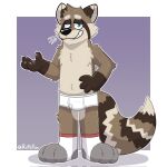  2023 anthro black_nose blue_eyes briefs brown_body brown_fur claws clothed clothing detailed_background digital_media_(artwork) footwear fur green_eyes grey_clothing grey_footwear grey_socks hand_on_stomach hi_res jono male mammal open_mouth procyonid purple_background raccoon retzfox shadow signature simple_background smile socks solo tan_body tan_fur teeth_showing tighty_whities topless underwear white_background white_briefs white_clothing white_footwear white_socks white_underwear 