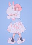  1girl absurdres animal animal_print blue_skirt closed_eyes closed_mouth fluffy full_body highres holding holding_animal holding_rabbit medium_hair meyoco original pink_hair print_skirt rabbit rabbit_print shirt short_sleeves skirt slippers socks solo white_shirt 