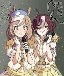  &gt;:) 2girls animal_ears blue_headwear blush brown_eyes brown_hair closed_mouth commentary_request epaulettes eyepatch flat_cap gloves grey_background hair_ornament hair_over_one_eye hairclip hands_up hat highres hiyo_(2016.10) holding holding_microphone horse_ears jacket matikane_tannhauser_(umamusume) microphone multicolored_hair multiple_girls pleated_skirt purple_hair road_of_radiance_(umamusume) short_sleeves simple_background skirt smile streaked_hair swept_bangs tanino_gimlet_(umamusume) translation_request umamusume v-shaped_eyebrows white_gloves white_hair white_jacket yellow_skirt 