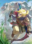  1boy blue_eyes bow_(weapon) brown_pants duel earrings fingerless_gloves gloves hinox holding holding_bow_(weapon) holding_weapon hood hylian_set_(zelda) indesign jewelry link monster pants pointy_ears short_hair short_ponytail the_legend_of_zelda the_legend_of_zelda:_breath_of_the_wild weapon 