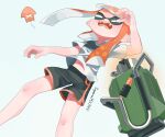  1girl absurdres artist_name bangs black_shorts blue_background blunt_bangs blush closed_eyes colored_tongue commentary_request explosher_(splatoon) fangs feet_out_of_frame floating_hair hand_up highres iguana152588 inkling inkling_girl long_hair navel open_mouth orange_hair orange_tongue pointy_ears shirt short_shorts short_sleeves shorts sidelocks simple_background solo splatoon_(series) splatoon_2 stomach sweat t-shirt tentacle_hair white_shirt 
