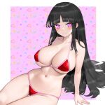  1girl absurdres arm_support ass_visible_through_thighs bare_arms bare_shoulders bikini black_hair blunt_bangs blush breasts cleavage collarbone commentary_request eyelashes highres houraisan_kaguya long_eyelashes long_hair looking_at_viewer navel pink_background pink_eyes red_bikini simple_background sitting skindentation smile solo star_(symbol) sugar_you swimsuit thigh_gap touhou very_long_hair yokozuwari 