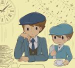  2boys black_eyes blue_headwear blue_jacket blue_necktie blue_sweater blush book book_stack brown_hair cabbie_hat clock closed_mouth collared_shirt commentary_request cup future_luke green_vest hand_on_own_cheek hand_on_own_face hat highres ink_bottle jacket kiwami_(kiwamimuneko) long_sleeves looking_at_another luke_triton male_focus multiple_boys necktie open_clothes open_jacket professor_layton professor_layton_and_the_unwound_future saucer shirt short_hair smile sweater upper_body vest wall_clock white_shirt yellow_background 