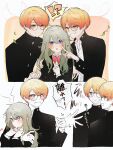  !? 1girl 3boys black_jacket blonde_hair blush bow bowtie cheek_poking clone collared_shirt commentary embarrassed gakuran green_hair grin hetero highres ichigo_ichie_na_hyakki_yagyou!?_(project_sekai) jacket kusanagi_nene long_hair multiple_boys open_mouth pink_bow pink_bowtie poking project_sekai purple_eyes round_eyewear school_uniform shirt smile t_nvv tenma_tsukasa translation_request white_shirt yellow_eyes 