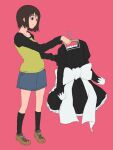  1girl black_hair black_socks bob_cut breasts brown_eyes brown_footwear closed_mouth clothes_hanger collarbone denim denim_skirt dress full_body holding holding_clothes holding_dress long_sleeves maid nakahara_misaki nhk_ni_youkoso! pink_background raglan_sleeves shirt short_hair short_sleeves simple_background skirt smile socks solo yomi_(indigoriver) 