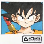  1boy a24wks black_eyes black_hair blue_background collarbone commentary_request dougi dragon_ball dragon_ball_(classic) furrowed_brow hatching_(texture) highres male_focus marker_(medium) nyoibo portrait smile solo son_goku traditional_media watermark 