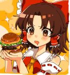  1girl ascot bare_shoulders blush bow breasts brown_eyes brown_hair burger commentary_request detached_sleeves drooling fingernails food frilled_bow frilled_hair_tubes frilled_shirt_collar frills hair_bow hair_tubes hakurei_reimu hands_up holding holding_food ishiki_nuru long_sleeves looking_at_food medium_breasts medium_hair mouth_drool open_mouth orange_background own_hands_together parted_bangs red_bow red_vest ribbon-trimmed_sleeves ribbon_trim simple_background solo sparkle touhou upper_body v-shaped_eyebrows vest yellow_ascot 