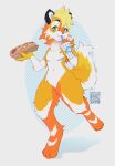  anthro artist_name beverage blonde_hair blue_eyes chest_scar drinking fangs featureless_crotch food full-length_portrait fur hair hi_res holding_beverage holding_food holding_object looking_at_viewer male mouth_closed multicolored_body multicolored_fur navel nude orange_body orange_fur pattern_background portrait qr_code scar simple_background solo sonyan teeth white_body white_fur 