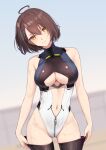  1girl absurdres ahoge armpit_crease azur_lane baltimore_(azur_lane) bare_arms bare_shoulders black_thighhighs breasts brown_hair cleavage closed_mouth clothing_cutout highres large_breasts mr.blackcat666 navel_cutout one-piece_swimsuit short_hair solo swimsuit thighhighs underboob wet wet_hair yellow_eyes zipper_pull_tab 