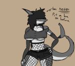  absurd_res anthro arm_warmers armwear black_hair black_lipstick blacktip_shark bottomwear carcharhinus choker claws clothing crop_top ear_fins ear_piercing facial_piercing female fin fish fishnet fishnet_legwear furgonomics furry-specific_piercing grey_body hair hair_over_eyes hand_on_hip hi_res hotpants jewelry legwear lipstick makeup marine necklace nose_piercing nose_ring off-shoulder_crop_top piercing requiem_shark ring_piercing serkeira serkeira_(serkeira) shark shirt shorts solo tail tail_piercing topwear white_body 