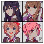  4girls blazer blue_eyes blush bow brown_hair collared_shirt dated doki_doki_literature_club green_eyes hair_bow hair_ornament hair_ribbon hairclip highres jacket kutako_(kutako138) long_hair looking_at_viewer looking_back monika_(doki_doki_literature_club) multiple_girls natsuki_(doki_doki_literature_club) open_mouth parted_lips pink_eyes pink_hair pout purple_eyes purple_hair red_bow red_ribbon ribbon sayori_(doki_doki_literature_club) school_uniform shirt short_hair sidelocks simple_background smile swept_bangs teeth twintails twitter_username upper_teeth_only white_ribbon white_shirt yuri_(doki_doki_literature_club) 