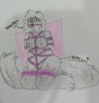  anthro ball_gag bdsm bound breasts cheek_tuft domestic_ferret facial_tuft female fluffy fluffy_tail fylumi gag gagged hi_res mammal mustelid musteline nude patricia_(fylumi) pink_rope pregnant pregnant_female rope solo solo_focus tail true_musteline tuft weasel 