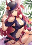  1girl atoatto bare_shoulders black_headwear blue_one-piece_swimsuit breasts cleavage clothing_cutout dress dress_swimsuit fire_emblem fire_emblem_engage fire_emblem_heroes flower hat ivy_(fire_emblem) ivy_(summer)_(fire_emblem) large_breasts long_hair looking_at_viewer mole mole_under_mouth navel official_alternate_costume one-piece_swimsuit purple_eyes purple_hair solo stomach stomach_cutout swimsuit 