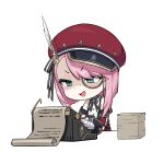  1girl blue_eyes blush charlotte_(genshin_impact) chibi detached_sleeves english_commentary genshin_impact gloves hair_between_eyes hat hat_feather highres kekek long_sleeves monocle open_mouth paper pink_hair shaded_face simple_background solo typewriter typing white_background white_gloves 