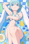 1girl aqua_eyes aqua_hair bath bathing bathroom bathtub blue_eyes blue_flower blue_hair blue_rose blush breast_hold breasts cleavage closed_mouth collarbone covering_breasts covering_privates flower food from_above fruit hair_between_eyes hatsune_miku highres knees_up large_breasts long_hair looking_at_viewer lying mandarin_orange nude on_back partially_submerged rose rubber_duck shoulder_tattoo sidelocks smile solo tattoo thighs tile_wall tiles very_long_hair vocaloid water yukichi_(yu-ame) 