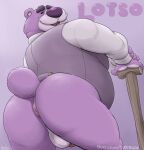  2023 absurd_res anthro anus balls bear butt clothed clothing disney dudebulge genitals hi_res lotso male mammal mature_male overweight overweight_male penis pixar purple_body simple_background solo toy_story 