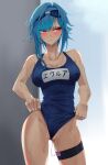  1girl absurdres averting_eyes backlighting bare_shoulders blue-framed_eyewear blue-tinted_eyewear blue_hair blue_one-piece_swimsuit blue_sky blush breasts character_name cleavage closed_mouth clothes_lift clothes_writing collarbone commentary_request controller covered_nipples cowboy_shot eula_(genshin_impact) eyewear_on_head frontal_wedgie genshin_impact goggles groin hair_intakes highres korean_commentary large_breasts lifted_by_self looking_to_the_side medium_hair mixed-language_commentary object_insertion one-piece_swimsuit outdoors partially_translated partially_visible_vulva raised_eyebrows red_eyes remote_control remote_control_vibrator self_wedgie sex_toy sky solo standing swimsuit swimsuit_lift thigh_strap thighs tinted_eyewear translation_request vaginal vaginal_object_insertion vibrator vibrator_cord vibrator_under_clothes walnut_1477 wet wet_clothes 