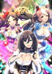  +_+ 3girls animal_ears black_hair blue_eyes blush breasts brown_eyes brown_hair cleavage cleavage_cutout clothing_cutout collarbone commentary_request detached_sleeves dress eishin_flash_(umamusume) fang hair_between_eyes hair_ornament heart heart_hands highres horse_ears horse_girl long_hair looking_at_viewer marvelous_sunday_(umamusume) medium_breasts medium_hair multiple_girls one_eye_closed open_mouth sparkle tomotan_(pixiv_30448887) twintails umamusume yamanin_zephyr_(umamusume) yellow_eyes 