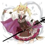  1girl ;d animal_ear_fluff animal_ears arknights black_dress black_gloves blonde_hair bow breasts cape commentary_request cropped_legs dated dress eyebrows_hidden_by_hair gloves hair_between_eyes hair_ribbon highres holding k-yosinori long_sleeves looking_at_viewer one_eye_closed outstretched_arms pleated_skirt purple_cape purple_skirt red_eyes red_ribbon ribbon shirt signature simple_background skirt sleeveless sleeveless_dress small_breasts smile solo sora_(arknights) spread_arms standing striped striped_bow tail twintails white_background white_shirt 