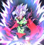  1boy aura belt big_hair black_bodysuit bodysuit boots cape dougi dragon_ball dragon_ball_super dragon_ball_super_super_hero electricity full_body gloves gohan_beast great_saiyaman male_focus open_mouth red_cape rom_(20) solo son_gohan spiked_hair standing white_footwear white_gloves white_hair 