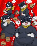  absurd_res anthro atlus belly big_belly black_body black_fur blue_eyes blush burger cricketkisses eating fast_food feeder feederism felid feline food freshly_uprooted fur genitals growth hi_res male mammal megami_tensei megami_tensei_persona moobs morgana_(persona) open_mouth overweight penis sega slightly_chubby small_penis solo weight_gain 
