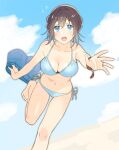  1girl barefoot bikini blue_bikini blue_eyes breasts brown_hair character_request commentary_request copyright_request jewelry looking_at_viewer medium_breasts mono_lith navel ring short_shorts shorts shorts_removed string_bikini swimsuit teeth undressing upper_teeth_only 