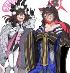  2girls :3 :d absurdres alternate_costume animal_ear_fluff animal_ears black_hair blue_archive breasts cape cleavage collarbone colored_inner_hair commentary_request cosplay double_fox_shadow_puppet eyeshadow fate/grand_order fate_(series) fox_ears fox_girl fox_hair_ornament fox_shadow_puppet fox_tail hair_between_eyes hair_ornament halo highres izuna_(blue_archive) knees_together_feet_apart koyanskaya_(fate) koyanskaya_(fate)_(cosplay) layer_(layer_illust) long_hair long_sleeves looking_at_viewer makeup medium_hair multicolored_hair multiple_girls nervous_sweating one_side_up pants pom_pom_(clothes) pom_pom_hair_ornament red_eyeshadow rope shimenawa sidelocks simple_background smile strapless_kimono sweat tail tamamo_(fate) tamamo_no_mae_(fate/extra) tamamo_no_mae_(fate/extra)_(cosplay) trait_connection two-tone_hair wakamo_(blue_archive) white_background white_cape white_pants wide_sleeves yellow_eyes 
