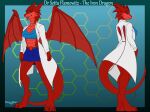  3_toes anthro barefoot blue_bottomwear blue_clothing blue_eyes blue_skirt blue_topwear bottomwear breasts claws cleavage clothed clothing coat digitigrade dragon dreyk-daro english_text feet female hi_res lab_coat looking_at_viewer looking_back looking_back_at_viewer medium_breasts membrane_(anatomy) membranous_wings model_sheet non-mammal_breasts open_mouth red_body red_scales scales scalie setta_flamowitz simple_background skirt solo standing text toe_claws toes topwear western_dragon white_lab_coat wings 