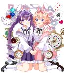  2girls :d absurdres ace_(playing_card) ace_of_spades animal_ears black_footwear bow braid breasts brown_hair card center_frills closed_mouth club_(shape) collared_shirt commentary_request cup diamond_(shape) fake_animal_ears frilled_skirt frilled_socks frills gears gochuumon_wa_usagi_desu_ka? hair_bow hairband heart highres hoto_cocoa jacket kneeling long_hair long_sleeves multiple_girls off_shoulder open_clothes open_jacket partial_commentary pink_bow pink_skirt playing_card pleated_skirt pocket_watch puffy_long_sleeves puffy_sleeves purple_bow purple_eyes purple_hair purple_skirt roman_numeral ryoutan saucer shirt shoes skirt sleeveless sleeveless_shirt small_breasts smile socks spade_(shape) teacup teapot tedeza_rize twin_braids twintails very_long_hair watch white_hairband white_jacket white_shirt white_socks 