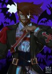  1boy adjusting_clothes adjusting_necktie bat_(animal) beard black_jacket brown_hair cape capelet cross dated facial_hair fang galadysp glint guilty_gear guilty_gear_xrd highres jacket long_hair looking_at_viewer male_focus monocle moon mustache necktie night obi obijime red_cape red_capelet red_necktie sash shirt sideburns signature slayer_(guilty_gear) smile upper_body vampire white_shirt 