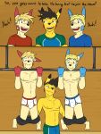  anthro anthrofied assisted_exposure blue_seam_briefs blue_seam_underwear bottomwear briefs bulge clothed clothing colored_seam_underwear comic cooper_(fuze) dialogue english_text exercise fuze generation_1_pokemon generation_3_pokemon group hi_res male male/male minun navel nintendo nipples pantsing partially_clothed pikachu plusle pokemon pokemon_(species) pokemorph pull-up_(exercise) red_seam_briefs red_seam_underwear shirt shorts shorts_down t-shirt text topless topwear trio underwear white_briefs white_clothing white_underwear 